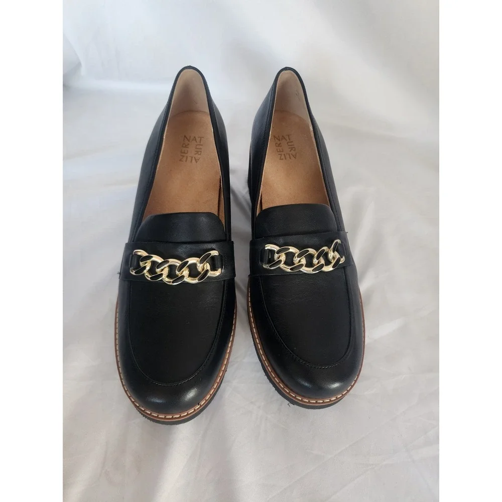 Naturalizer Darry Black Leather Chunky Lug Sole Chain Loafers Womens 12W Wide